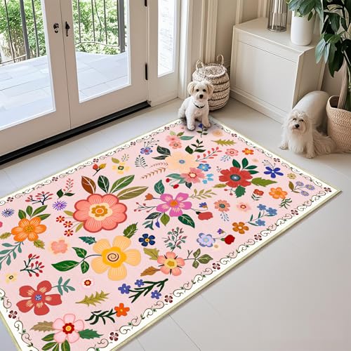 2x3 Feet Floral Area Rug Non-Slip Low Pile Soft Washable Pink Rug for Girls' Rooms, Bedroom, Entryway, Kitchen – Lightweight Easy Clean Modern Decorative Carpet - color: Floral, size: 2'x3'