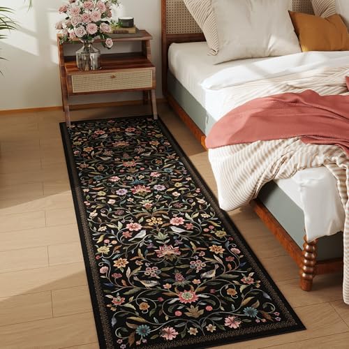Vintage Medallion Floral Kitchen Runner 2x6, Machine Washable Rug, Soft Low Pile, Non-Slip Carpet for Hallways, Laundry, Bedroom, Bathroom, Entryway | Black - color: Black, size: 2' x 6' (Rectangular)