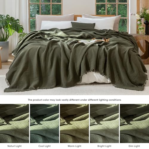 MooMee Muslin Blanket - 100% Cotton 4-Layer Gauze Throw Blanket with All-Around Fringe, Soft Breathable Lightweight Cooling Summer Blankets for Bed Couch (Olive Green,Twin XL 66" x 90") - color: Olive Green, size: Twin XL