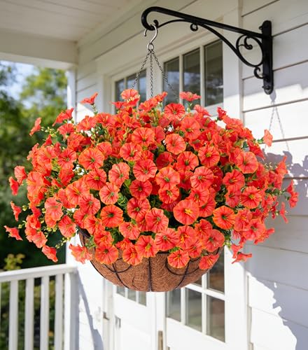 Artificial Fall Flowers Fake Hanging Plants Flowers Basket for Outdoors Autumn Decoration, Orange Silk Morning Glory with Eucalyptus Look Real UV Resistant Faux Flowers for Outside Porch Patio Balcony - color: Orange