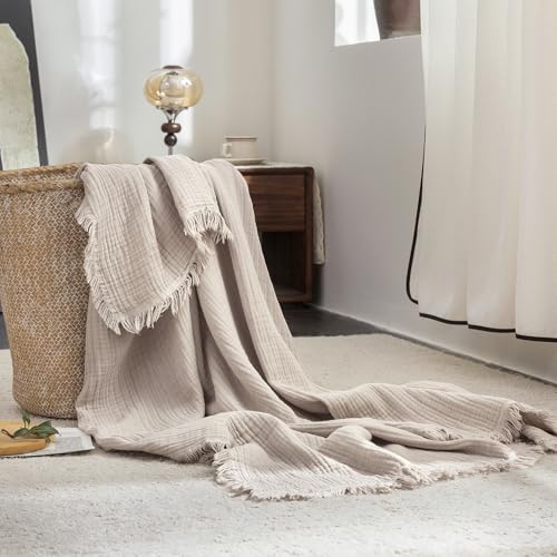 FOSSA Muslin Blanket with Fringe - 4-Layer 100% Cotton Gauze Super Soft & Breathable Throw -Lightweight Decorative Cooling Blanket for Bed, Sofa, Office (Beige Gray, Throw (60" × 50")) - color: Beige Gray, size: Throw (60" × 50")
