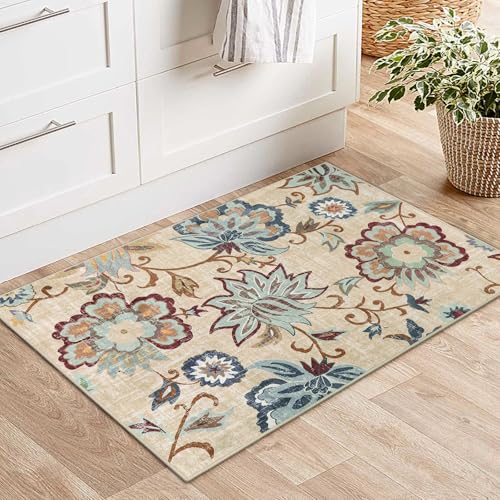 Beeiva Floral Rugs for Entryway 2x3, Paisley Washable Entryway Rug Non Slip Ultra Thin, No Skid Throw Door Mat Indoor Entrance Small Carpet for Kitchen Bathroom Bedroom - color: Cream, size: 2' x 3' (Rectangular)