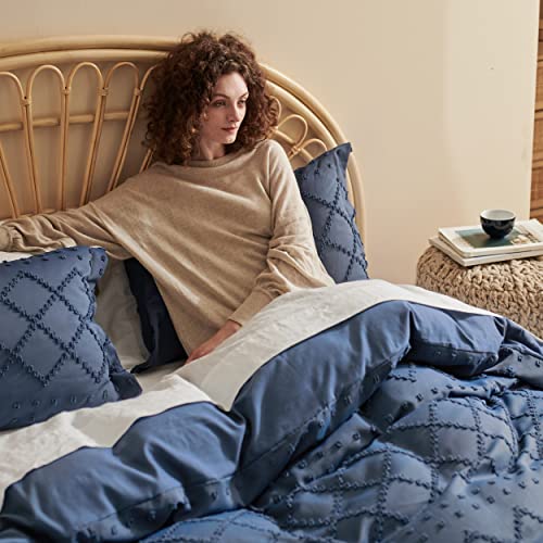 Bedsure Boho Duvet Cover Queen Size - Navy Breathable & Soft Boho Bedding, Machine Washable Comforter Cover for All Seasons, Includes 1 Duvet Cover 90"x90" with 2 Pillow Shams & Zipper Closure - color: 02 - Navy (No Comforter), size: Queen (90" X 90")