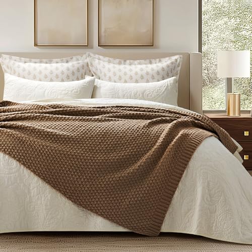 EVERGRACEHOME Chunky Chenille Knit Throw Blanket for Couch, Soft Luxurious Moss Stitch Blankets for Bed, Cozy Decorative Farmhouse Knitted Throws for Sofa, Camel Brown, 50" x 60" - color: Camel Brown, size: 50" X 60"
