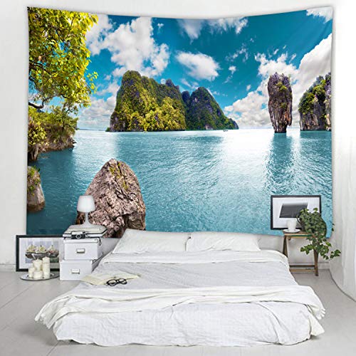 LYFANS Blue Lake Island Printed Fabric Tapestry Decorative Wall Art Tablecloth bedspread Picnic blanket Beach towel Bedroom Dormitory Living Room Multifunctional tapestry 79 x 59 inches - color: Blue Lake Water Island, size: 79x59inch