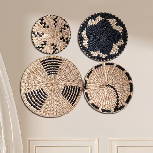 Wicker Wall Basket 4Pcs 8in/10in/12in Round Wall Basket Decor Boho Woven Wicker Hanging Decorative Ideal for Home Office Club Party