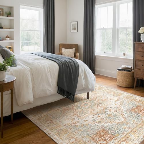 Kokia Washable Area Rugs 9x12 Living Room Boho Non Slip Thin Carpet Stain Resistant Vintage Orange Printed Oriental Distressed Rug for Bedroom Low Pile - color: 02/Orange/Cream/Affogato/Gray, size: 9' x 12' (Rectangular)