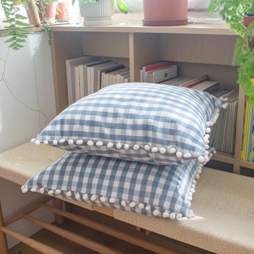 HOPLEE Farmhouse Pillow Covers Light Blue Gingham Pillows with Pom Pom for Home Decor 16x16 Inches Set of 2 - color: Blue Gingham Pom, size: 16" x 16" (Pack of 2)