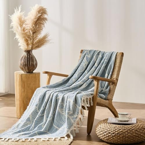 DOWN HOME Chenille Cotton Throw Blanket for Couch, Lightweight Boho Blanket for Bed Sofa Chair Living Room Outdoor Soft Woven Decorative Blanket with Tassel Gift Blue Leaves 55"x60" - color: Blue, size: 55"x60"