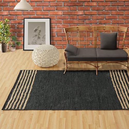 GRUHUM Black Jute Area Rug 6x9 ft Natural Fiber Rectangular Black Leather Handwoven Boho Farmhouse Soft Braided Rustic Vintage Eco Friendly Rugs Indoor Living Room Bedroom Kitchen Hallways 6x9ft Large - color: Natural Black- 20, size: 6' x 9' (Rectangular