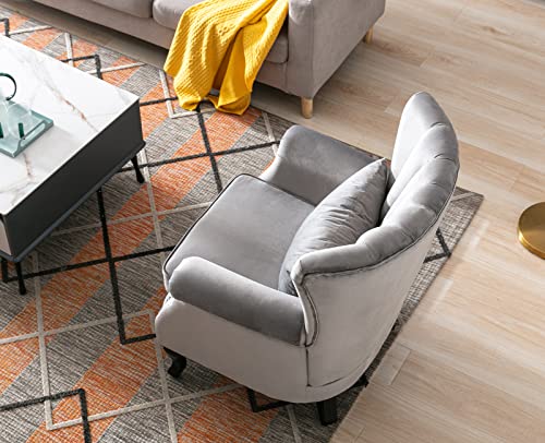 Kmax Grey Accent Chair Velvet Wingback Chair with Pillow Nail-Head Channel Tufted Oversized Club Chair for Living Room Bedroom Guest Room - color: Grey
