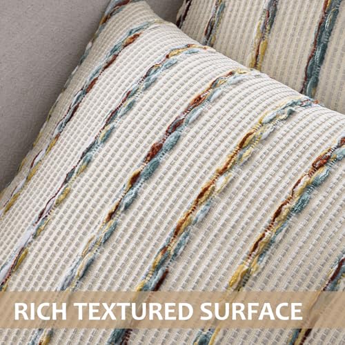 ANRODUO Boho Woven Chenille Pillow Covers 18x18 Inch Set of 2 Soft Textured Decorative Cushion Case with Striped Farmhouse Accent Neutral Pillowcase for Couch Sofa Bed Living Room Decor, Blue Stripe - color: Blue Stripe, size: 18" x 18" (Pack of 2)