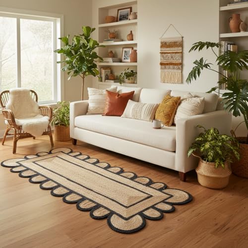 Jute Runner Rug 2x6 ft Handcrafted with Scalloped Black Border – Boho Farmhouse Entryway Kitchen Hallway Runner Rug, Natural Fiber Woven Floor Carpet for Living Room Bedroom - size: 2' x 6' (Rectangular)