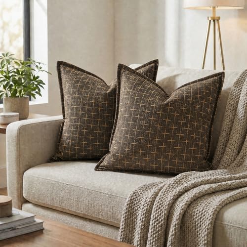 AVOIN colorlife Pack of 2 Decorative Throw Pillow Covers 18x18 Inch, Flange Edges Woven Textured Cushion Case Home Decor for Couch Sofa Bed Living Room Dark Coffee - color: Dark Coffee, size: 18" x 18" (Pack of 2)