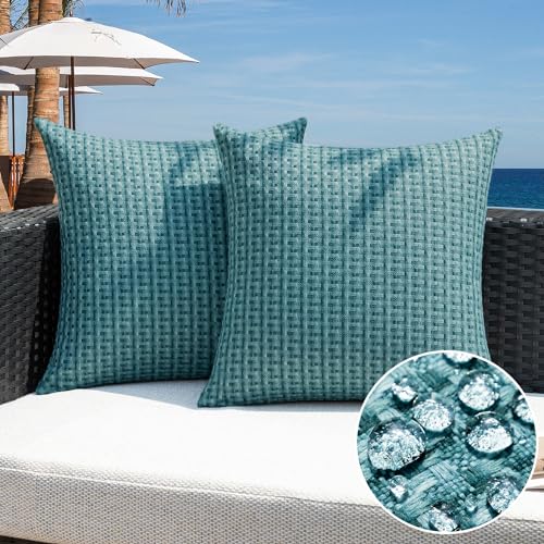 Kevin Textile Outdoor Waterproof Throw Pillow Covers Pack of 2 Weaving Texture Water Resistant Outside Decorative Cushion Covers for Garden Patio Tent Balcony Bench Couch Sofa 16x16 Inch, Teal - color: Teal, size: 16" x 16" (Pack of 2)
