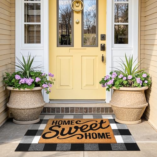 KIMODE Front Door Mat Buffalo Plaid Outdoor Rug 24"x35" Black and White Checkered Rug Farmhouse Front Porch Rug Decor Cotton Woven Washable Layered Doormats for Front Door Outdoor Entrance - color: Black/White, size: 2' x 3' (Rectangular)