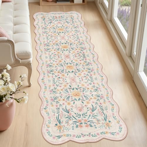 Hallway Runner Scalloped Floral Rug 2.6x8 Washable Non Slip Pink | Soft Cushiony Feel Low Pile Carpet Runners For Kitchen Runner Rug, Entryway Runner, Floor Runner - color: Pink Scalloped, size: 2.6 x 8 ft