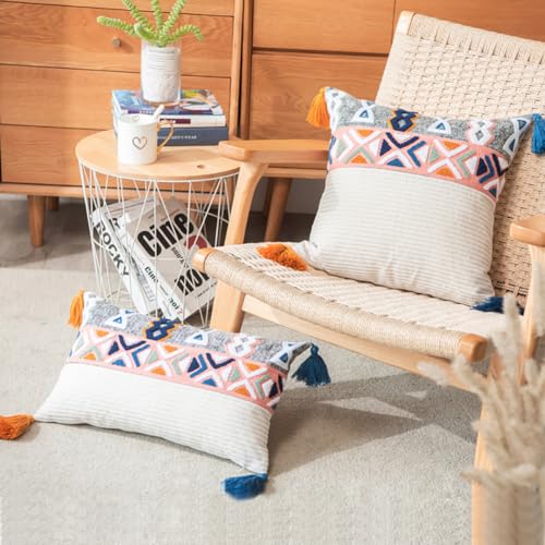 vctops Boho Tufted Throw Pillow Cover with Tassels, Bohemian Geometric Embroidery Cushion Cover Square Decorative Pillowcase for Sofa Couch Bedroom Home Decor, 18"x18" - size: 12"x20"