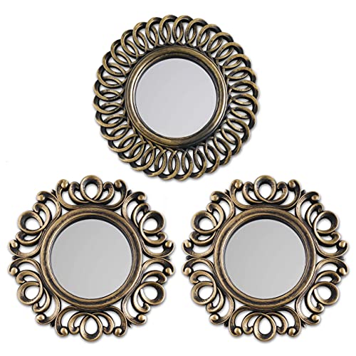 BONNYCO Wall Mirrors Pack of 3, Round Gold Mirrors for Home Decor Bedroom and Living Room. Espejos Decorativos de Pared Sala Dormitorio, Circle Wall Decor Minimalist Vintage Chic. Gifts for Women Mums - color: Gold Vintage