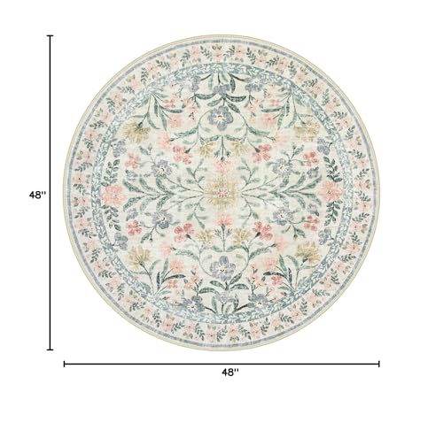 Lahome Sylvie Round Boho Floral Rugs 4ft, Cream Washable Circle Rugs for Bedroom Nursery, Vintage Beige Circular Carpet, Soft Non-Slip Carpet for Kids Room Playroom Calm Corner, Beige - color: Beige, size: 4' (Round)
