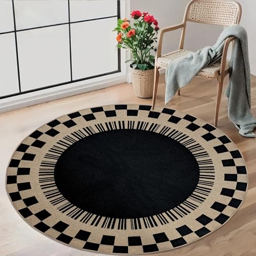 Easy Jute Checkered Rug, 4Ft Round Modern Indoor Outdoor Farmhouse Carpet, Washable Non-Slip Thin Neutral Floor Mat for Living Room Patio Kids Pets Room Playroom Home Office Kitchen, Black - color: Black Checker, size: 4'