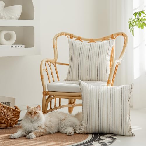 Set of 2 Multicolor Candlewick Striped Boho Throw Pillow Covers, Textured Cotton-Linen Woven Pillow Covers for Couch and Bed - 18"x18", Cream
