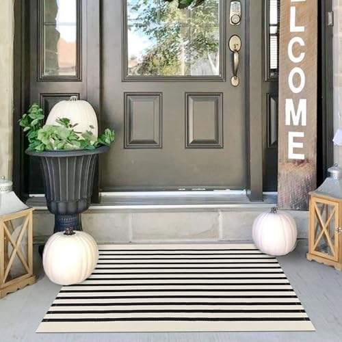 IOHOUZE Black Beige Striped Rug -2'x3' Front Door Rugs Outdoor, Small Washable Area Rug for Front Porch, Spring Summer Welcome Mats Outdoor Indoor, Doormat for Entryway Porch Entrance - color: Light Beige/Black Stripe, size: 2' x 3' (Rectangular)