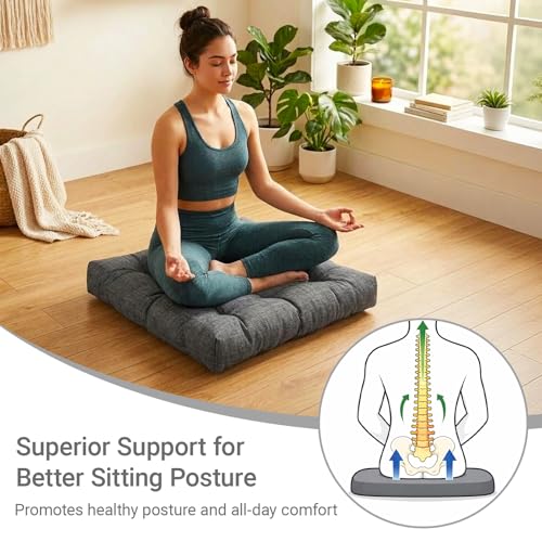 Large Square Floor Cushions Set of 2, 22 x 22 Inch with Non-Slip Bottom, Memory Foam Floor Pillow for Sitting, Meditation & Yoga, Soft Supportive Floor Seating Cushion for Adults & Kids (2, Dark Grey) - color: Dark Grey