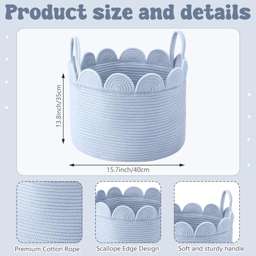 LemonRoad Blue Round Basket Large Blanket Basket 15.8" L X 15.8" W X 13.8" H Scalloped Woven Baskets Cotton Storage Baskets for Nursery Classroom Closet Blankets Storage Home Decor - color: Blue, size: 15.8" L X 15.8" W X13.8" H
