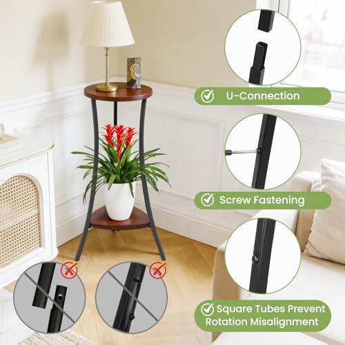 2-Tier Tall Plant Stand Indoor Outdoor, Round Wooden Corner Plant Shelf with Walnut Panel & Black Metal Frame, Modern Flower Pot Holder Rack for Living Room, Balcony, Patio Decor