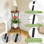 2-Tier Tall Plant Stand Indoor Outdoor, Round Wooden Corner Plant Shelf with Walnut Panel & Black Metal Frame, Modern Flower Pot Holder Rack for Living Room, Balcony, Patio Decor