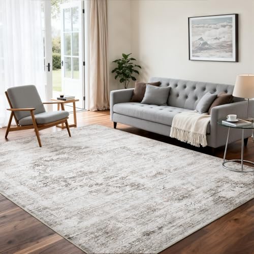 8'x10' Rugs for Living Room Bedroom, Washable Area Rugs, Pet & Kid Friendly Low Pile Carpet, Non-Shedding Non-Slip TPE Backing, Vintage Distressed Print Floor Mat for Bedroom Dining Room, Brown - color: Brown, size: 8x10