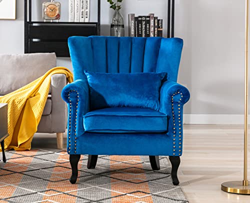 Kmax Blue Accent Chair Velvet Wingback Chair with Pillow Nail-Head Channel Tufted Oversized Club Chair for Living Room Bedroom Guest Room - color: Blue