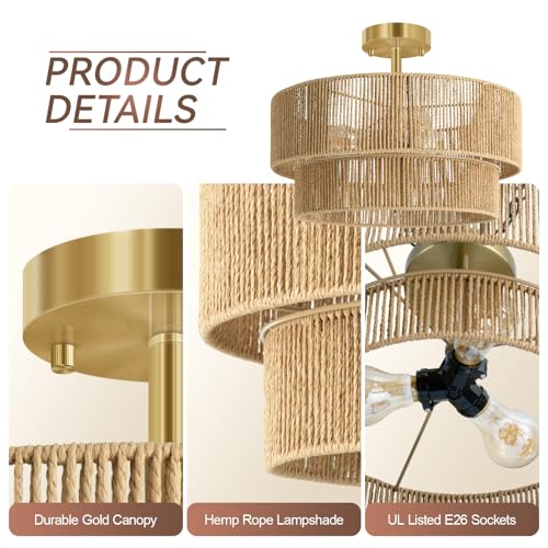 BoostArea 16.54” Boho 2-Tier Rattan Ceiling Light Fixture, Semi Flush Mount Woven Chandelier for Bedroom, Dining Room, Kitchen, Entryway, Living Room(Bulb not Included) - color: Brown