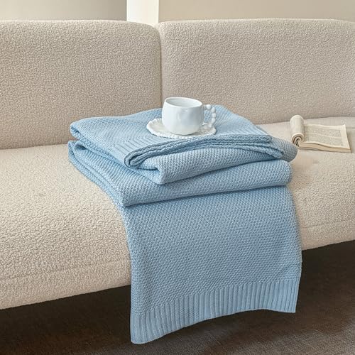 Simple&Opulence 100% Cotton Blanket King Size, Solid Color Cable Knitted Blanket Super Soft Comfortable Breathable Decorative Farmhouse for Couch Sofa Bed, All Season Use(Winter Blue,104x90) - color: Winter Blue, size: King Size 104x90"
