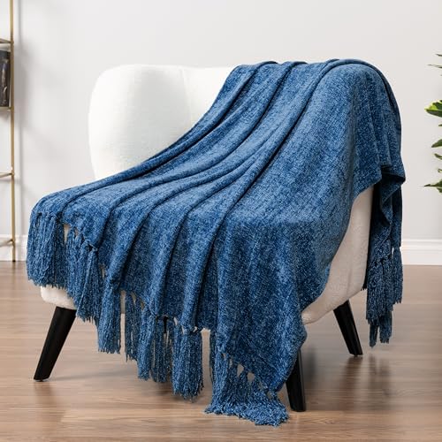 PAVILIA Blue Chenille Throw Blanket for Couch Sofa, Soft Knit Throw with Tassel, Decorative Blanket for Bed Chair Living Room, Blue 50x60 - color: Blue, size: 50 X 60 Inches - Throw