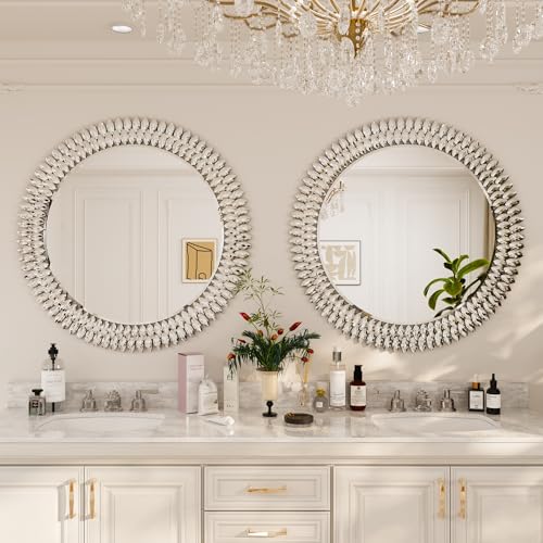 Kelly Miller 36" Large Round Jeweled Wall Mirror, Luxury Diamond Beveled Decorative Mirror for Bedroom Living Room Bathroom Hallway Entryway Fireplace - size: 36"L x 36"W