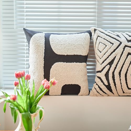 Black White Geometric Tufted Decorative Throw Pillow Cover，Chunky Boho Minimalist Modern Pillow Case，Mid Century Woven Abstract Pillow Sham for Bed Couch Living Room，18x18 inches, 1PCS - color: Black-b