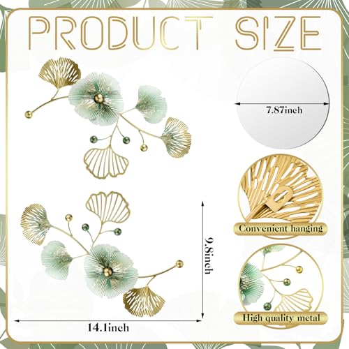 Tandefio 3 Pcs Metal Decorative Wall Mirrors for Living Room Metal Ginkgo Leaf Mirror Modern Creative Wall Decor Art Hanging Decor Mirror for Entrance Bedroom Living Room (Gold Green,16.inches) - color: Gold Green