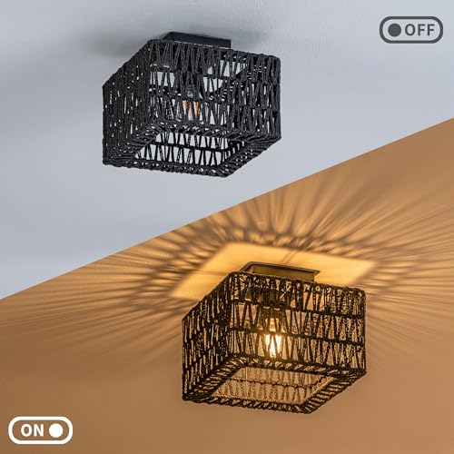 Rpzloila Rattan Ceiling Light, Black Boho Light Fixture, Square Flush Mount Ceiling Light for Bedroom, Hallway, Entryway, Kitchen, Laundry - color: Black, size: 1-Light-Square