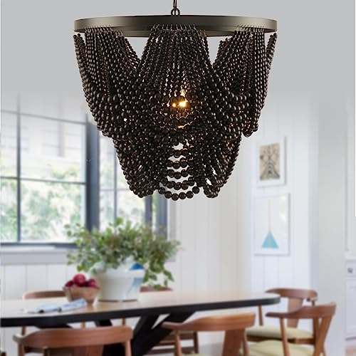 Boho Chandelier, Black Wood Beaded Chandelier Bohemia Light Fixture, Rustic Farmhouse Ceiling Light Fixture for Dinning Room Bedroom Living Room, 25.5 inch OD - color: Black 25.5"