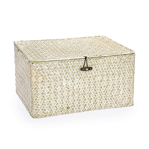 Hipiwe Wicker Shelf Baskets Bin with Lid, Large Natural Seagrass Basket Storage Bins Handwoven Rectangular Household Basket Boxes for Shelf Wardrobe Home Organizer and Decor, Whitewash - color: Whitewash, size: Large
