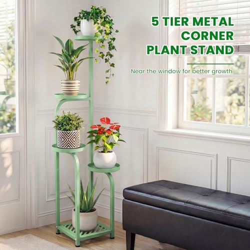TOSKING 5 Tier Tall Plant Stand Indoor Outdoor,Anti-Tip Plant Stand indoor, Wide Base for Pots, Child and Pet Friendly,Heavy Duty Corner Shelf for Plants & Decor, Space Saving ,Tiered Metal Flower Pot Stand for Balcony, Garden, Living Room, Patio ( Sage G