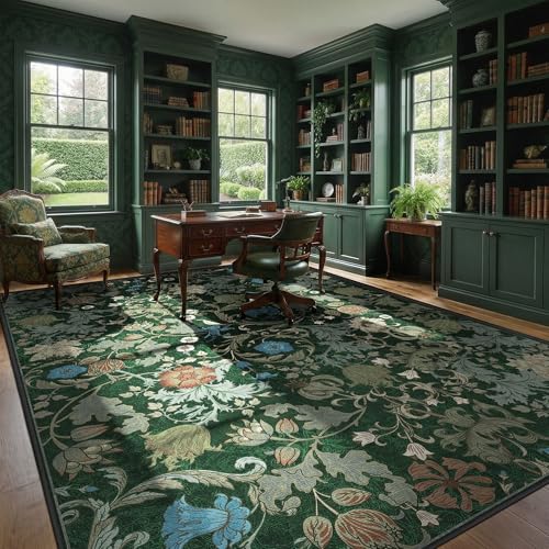 Forest Green Washable Floral Area Rug 10x14 for Living Room, Vintage Farmhouse Botanical Rug, Non Slip Low Pile Floor Decor Oversized Rug, Soft Extra Large Decorative Carpet for Bedroom Dining Room - color: Green, size: 10'x14'