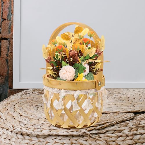 GLEAVI Woven Flower Basket with Handle, Multi-Purpose Handcrafted Planter Basket for Indoor Plants, Rustic Hollow Round Design, Natural Material Organizer for Home Garden