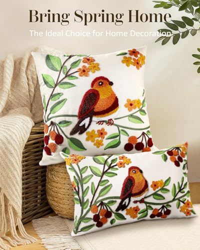 Embroidered Lumbar Pillow Cover - 20x12 Decorative Pillow Cover with Zipper Aesthetic Cute Design Boho Spring Summer Throw Pillowcase for Living Room Couch Sofa Bed, Tree Bird - color: Tree Bird, size: 20" x 12" (Pack of 1)