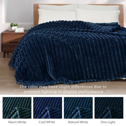 Exclusivo Mezcla California King Size Flannel Fleece Blanket, Super Soft Striped Jacquard Bed Oversized Blanket, Lightweight Fuzzy Cozy for All Seasons, 120x120 Inches, Navy Blue - color: Navy Blue, size: Cal King ( 120x120 IN )