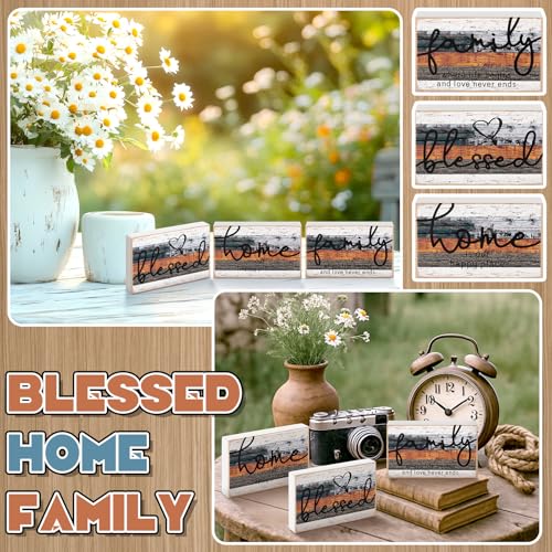 Jetec 3 Pcs Family Home Blessed Rustic Wood Sign Mini Heart Wood Decorative Sign Farmhouse Wood Decor Table Decorations Sign for Bedroom Kitchen Living Room Table Decor - color: Multicolor, size: 4.25 x 2.76 x 0.59 in