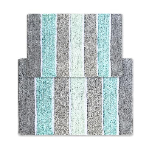 Chardin home Cordural Stripes Bath Mat, Set of 2 Bath Rugs (17 Inches x24 Inches & 21 Inches x34 Inches) | Non Slip Bathroom Rug, Machine Washable, Plush, Highly Absorbent | Mint Green & Grey - color: Mint Green & Grey