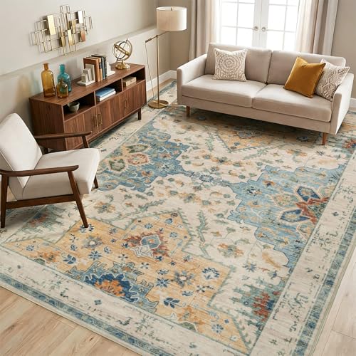 6x9 Area Rugs for Living Room, Machine Washable Area Rug, Low Pile Non Slip Vintage Boho Rug, Stain Resistant Carpet for Bedroom Dinning Room Nursery Farmhouse Office Home-Blue/Gold/Beige - color: Blue/Gold/Beige, size: 6' x 9' (Rectangular)